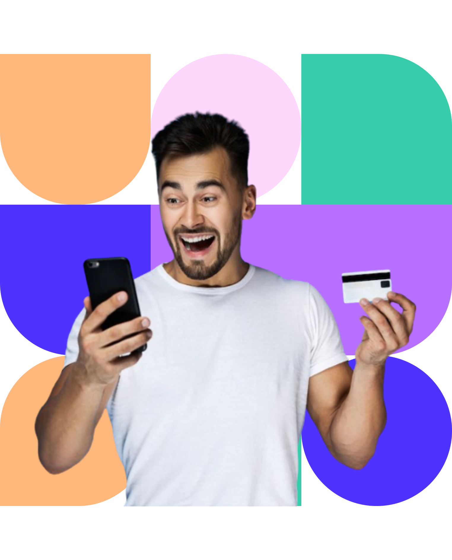 Happy client with smartphone and credit card